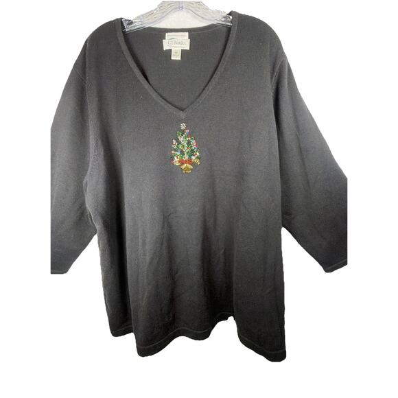 Vintage Y2K Sequined Embroidered Christmas Tree Sweater CJ Banks Black 3XL - Picture 4 of 10